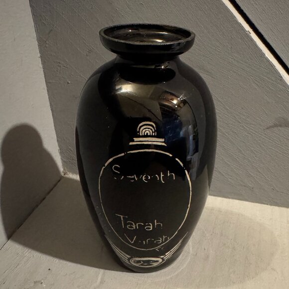 Arts & Crafts Black Amethyst Glass Vase Hand Written Design Phone Wings - Picture 1 of 6